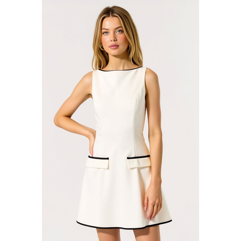 Modenaire Sleeveless Contrast Trim Mini Dress With Faux Pocket Flaps