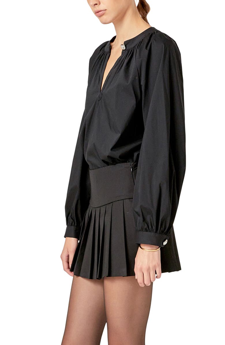 English Factory Rhinestone Button Shirred Cotton Blend Top, Alternate, color, Black