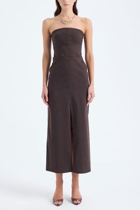 Akasha Strapless Cotton Blend Midi Dress with Front Slit