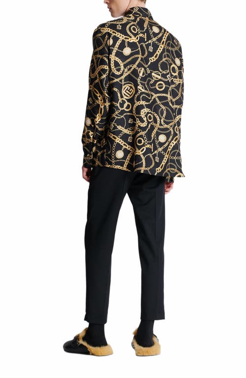 Balmain Black Shirt With Pointed Collar And Chain Print With Logo In Silk Man In Black