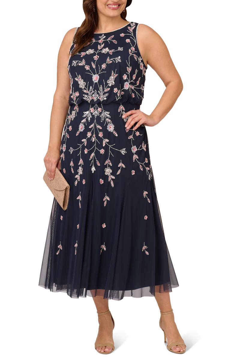 Adrianna Papell Floral Embellished Mesh Midi Gown, Alternate, color, 