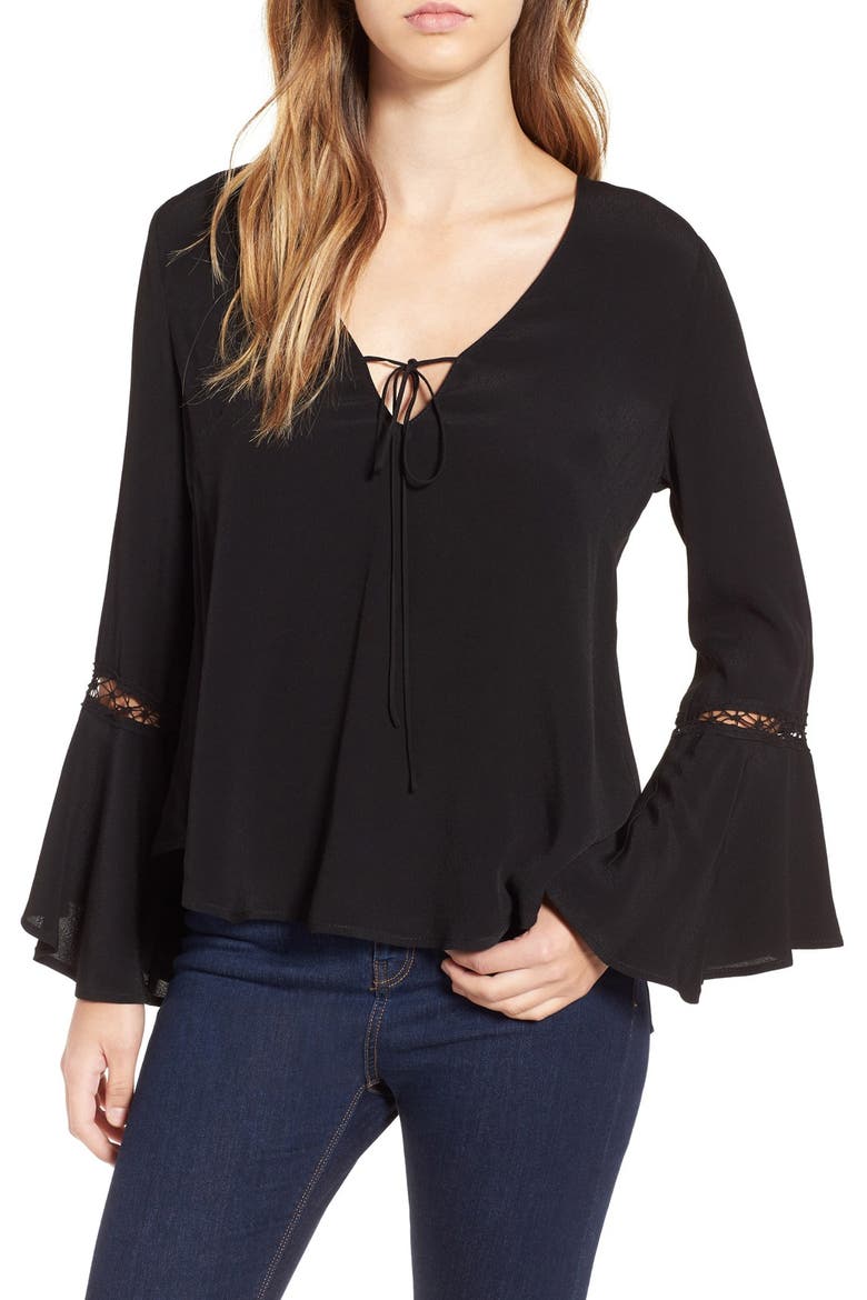ASTR Crochet Trim Bell Sleeve Top, Main, color, BLACK