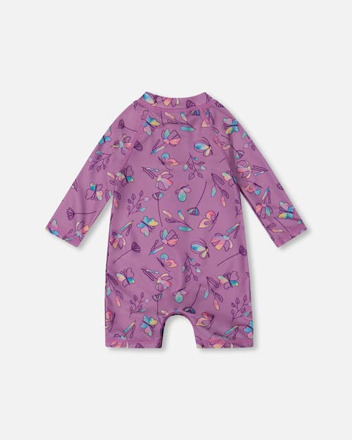 Deux Par Deux Little Girl's Printed Long Sleeve One-piece Rashguard Old Mauve And Multicolored Butte In Purple