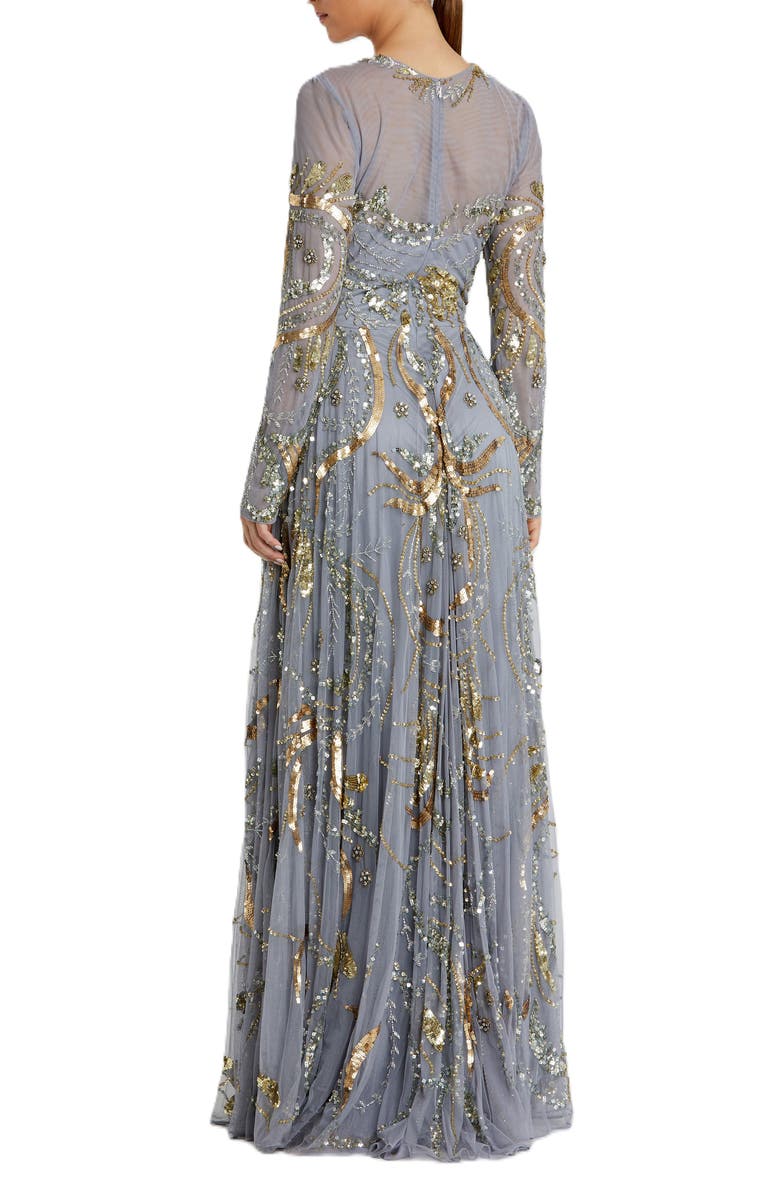 Mac Duggal Long Sleeve Embellished Illusion Evening Gown, Alternate, color, Platinum Gold