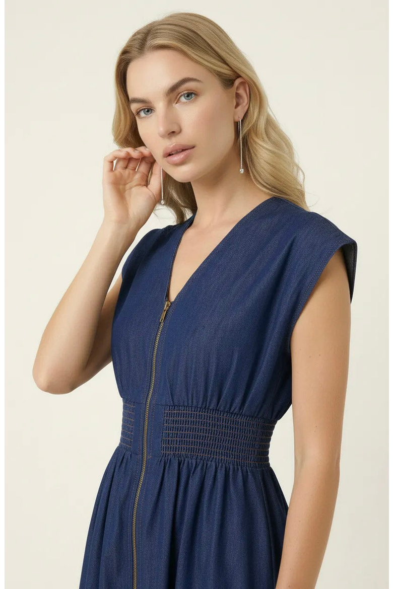 Zip Front Sleeveless Denim Midi Dress, Alternate, color, Denim Blue