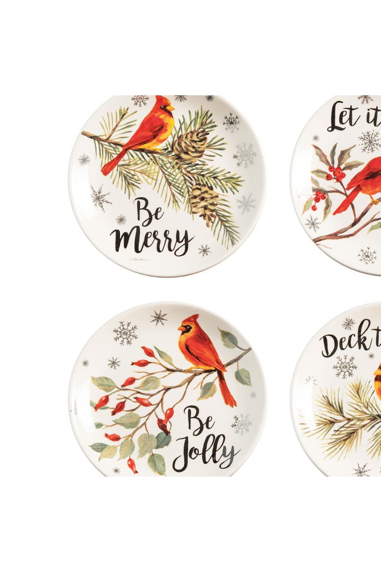 6" x 6" Holiday Sentiment Dolomite Round Dessert Plates Featuring Red Cardinals on Tree Branches Set Of 4, Alternate, color, White