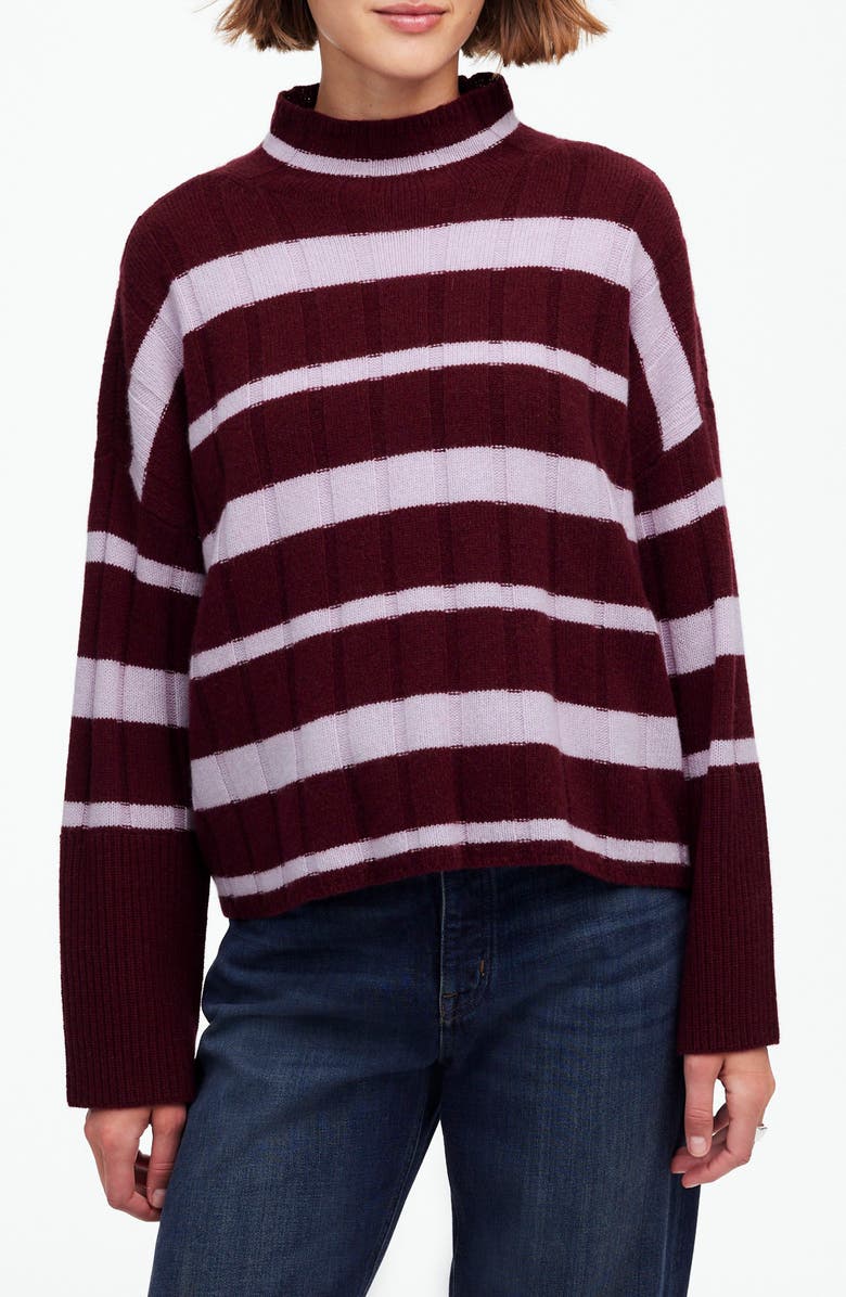 Madewell Stripe Rib Cashmere & Wool Blend Funnel Neck Sweater, Main, color, Cabernet Stripe