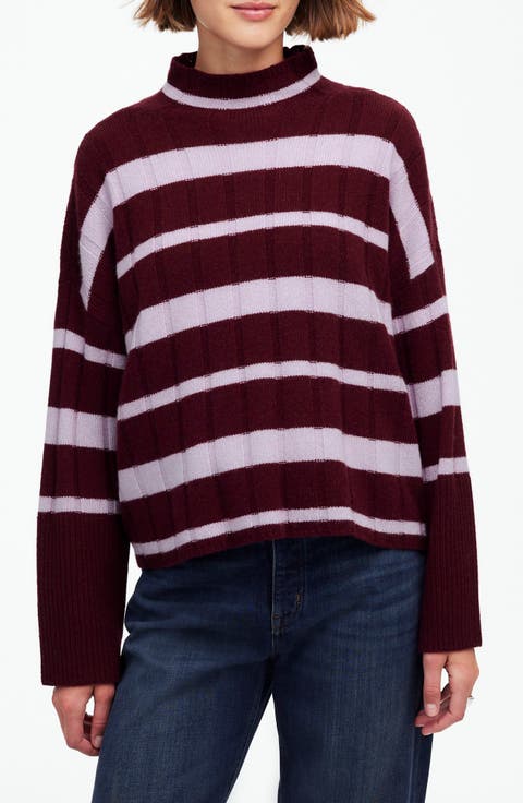 Stripe Rib Cashmere & Wool Blend Funnel Neck Sweater