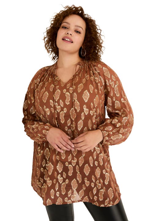 June + Vie Metallic Print Blouse In Brown
