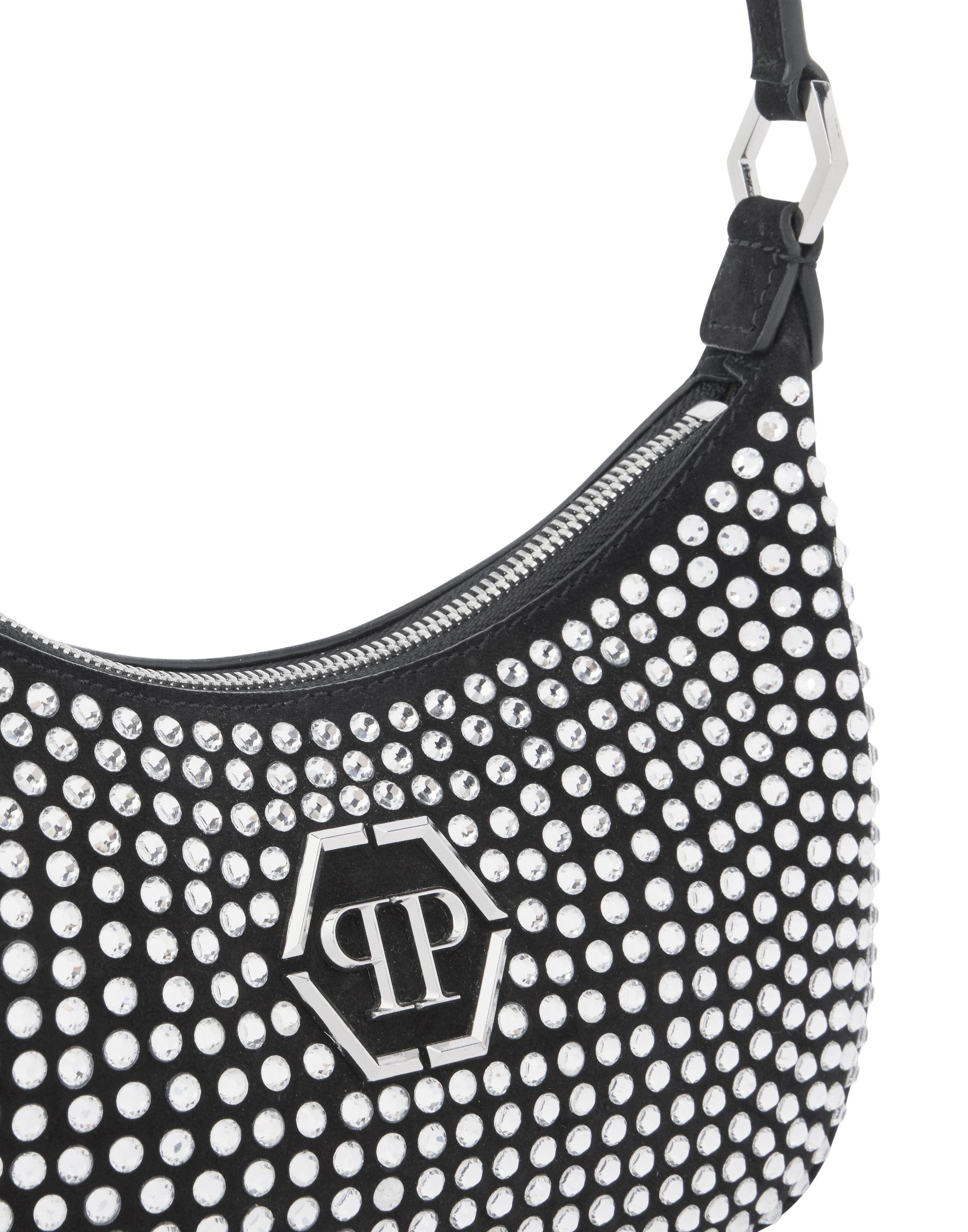 Suede Shoulder Bag All-Over Strass Women, Alternate, color, black/crystal