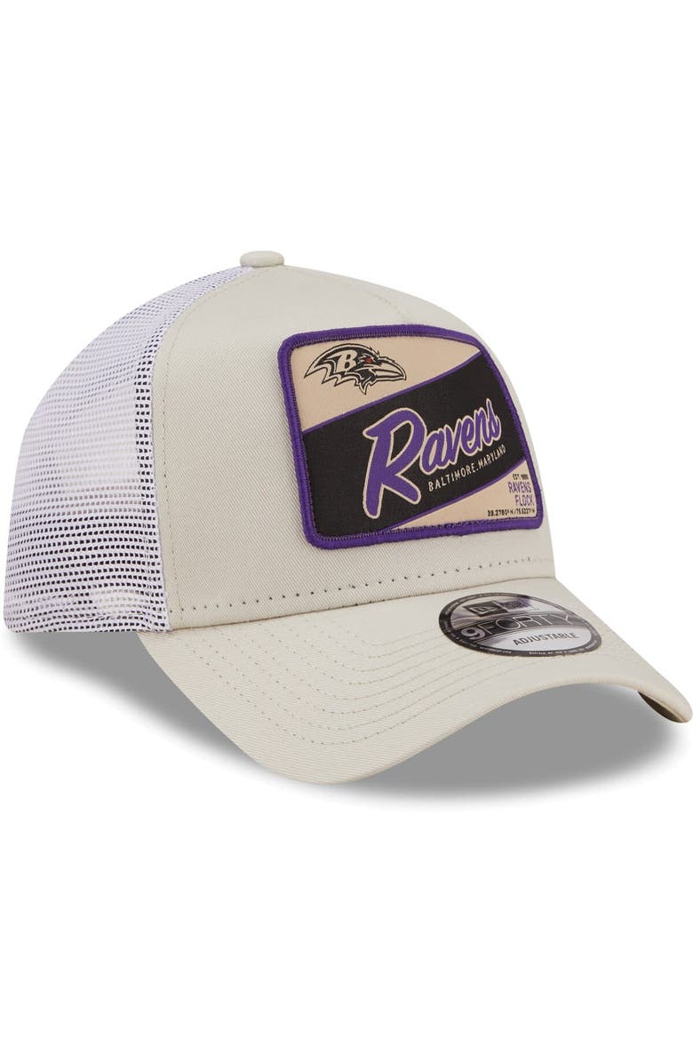 New Era Men's New Era Khaki/White Baltimore Ravens Happy Camper A-Frame Trucker 9FORTY Snapback Hat, Alternate, color,