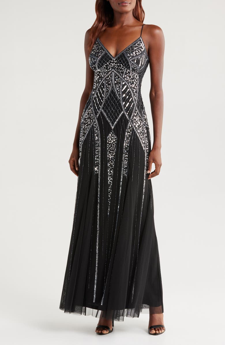bebe Embellished V-Neck Gown, Main, color, 