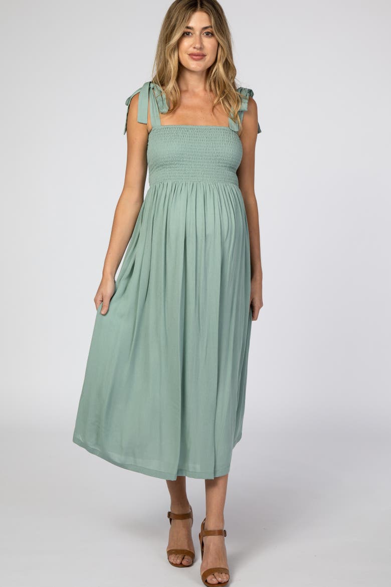 Smocked Tie Strap Midi Dress, Alternate, color, Mint Green