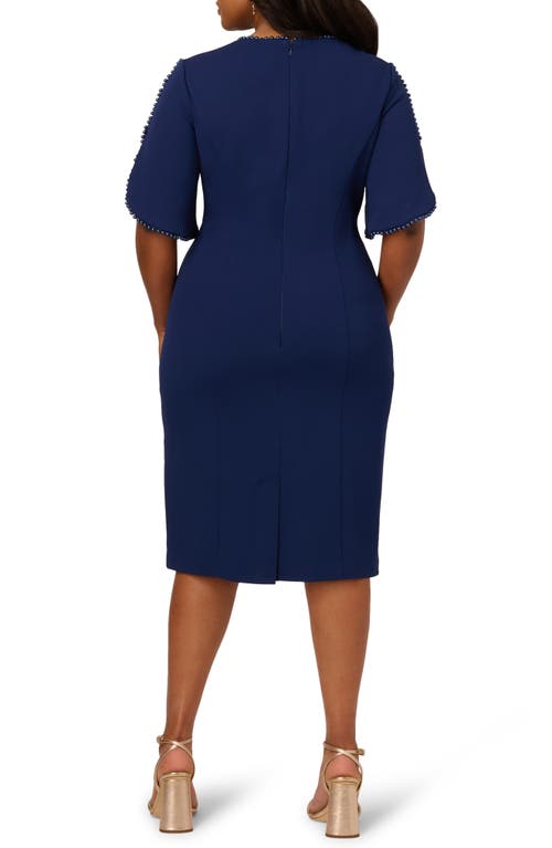 Adrianna Papell Imitation Pearl Detail Crepe Sheath Dress In Navy Sateen