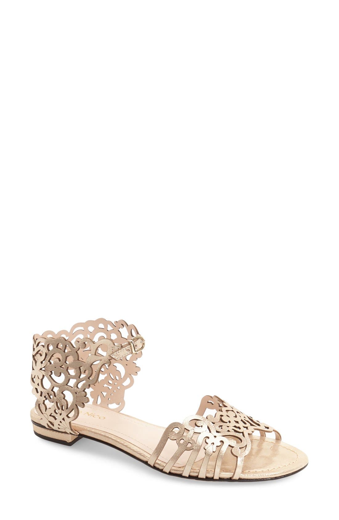 Klub Nico 'Juene' Laser Cut Flat Sandal, Main, color, Champagne Nubuck Leather
