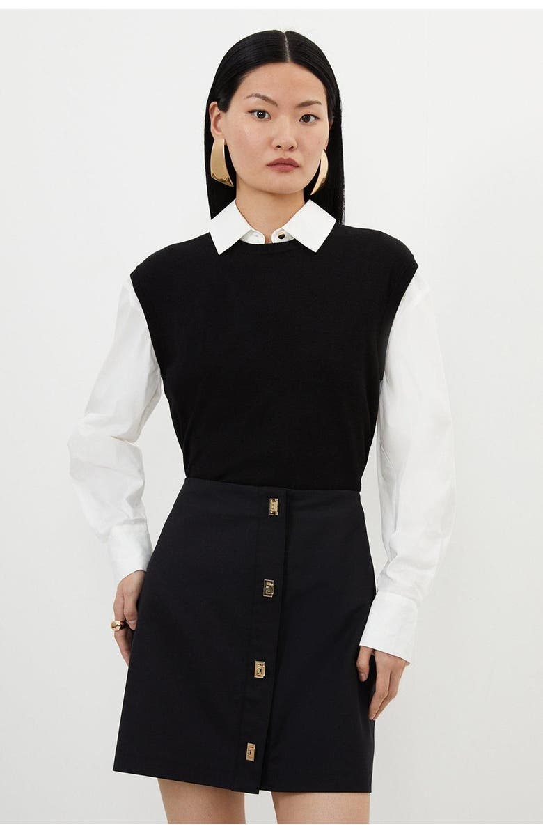 Karen Millen Techno Cotton Gold Clasp Skirt, Alternate, color, Black