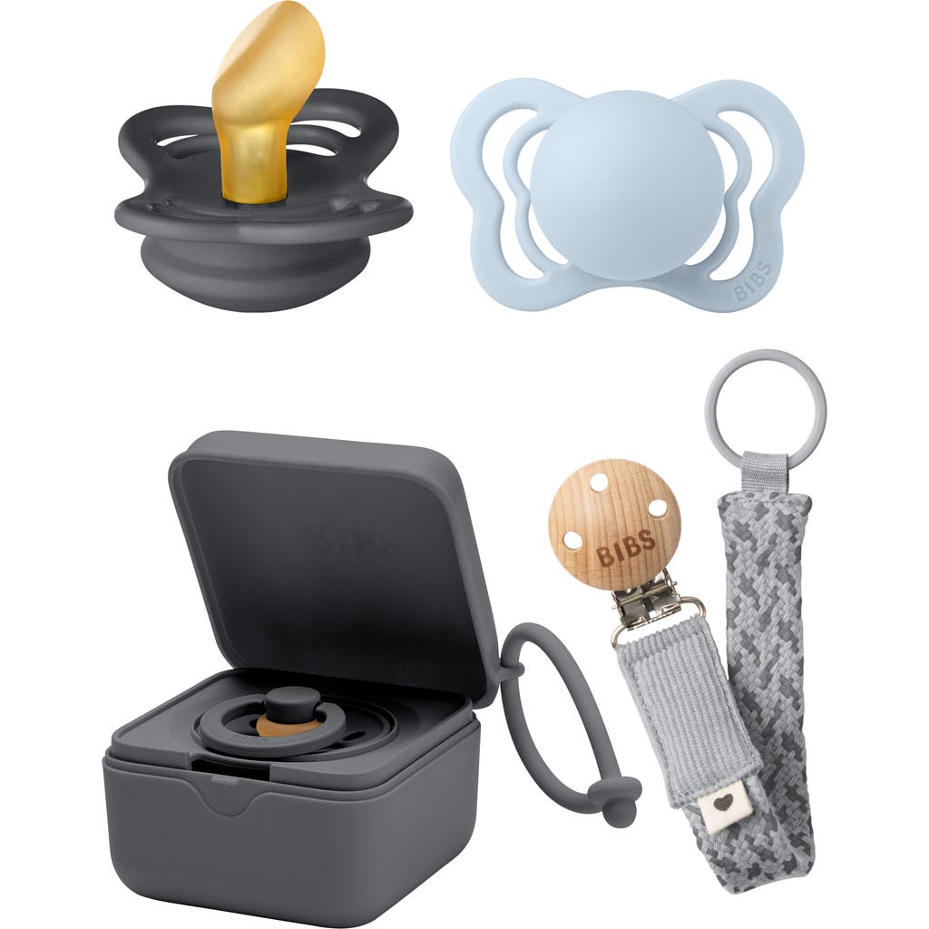 BIBS Pacifer, Pacifier Box & Pacifier Clip Set in Iron/Blue/Cloud at Nordstrom