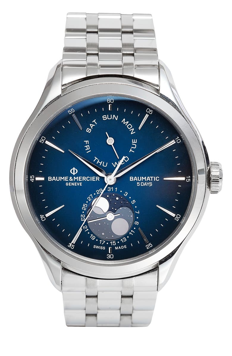 Baume & Mercier Clifton Automatic Moon Phase Bracelet Watch, 42mm, Main, color, Lacquered Blue
