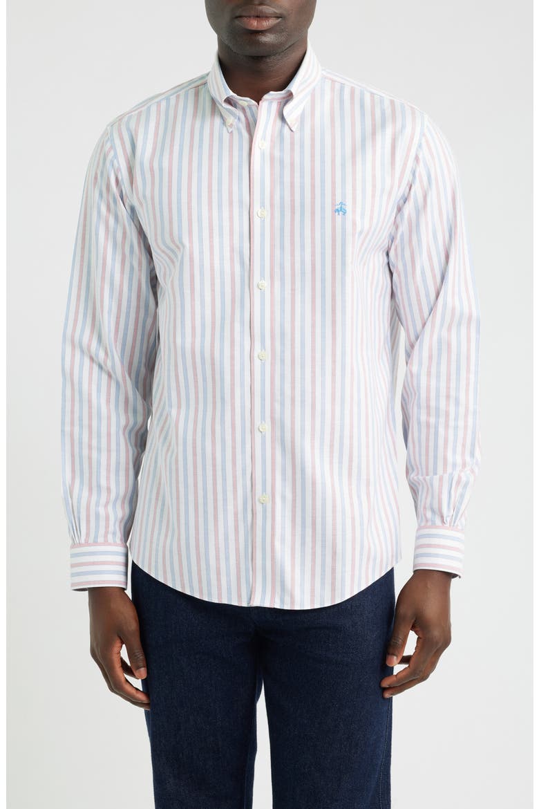 Stripe Non-Iron Oxford Cotton Button-Down Shirt, Main, color, BLUE RED OUTLINE STRIPE