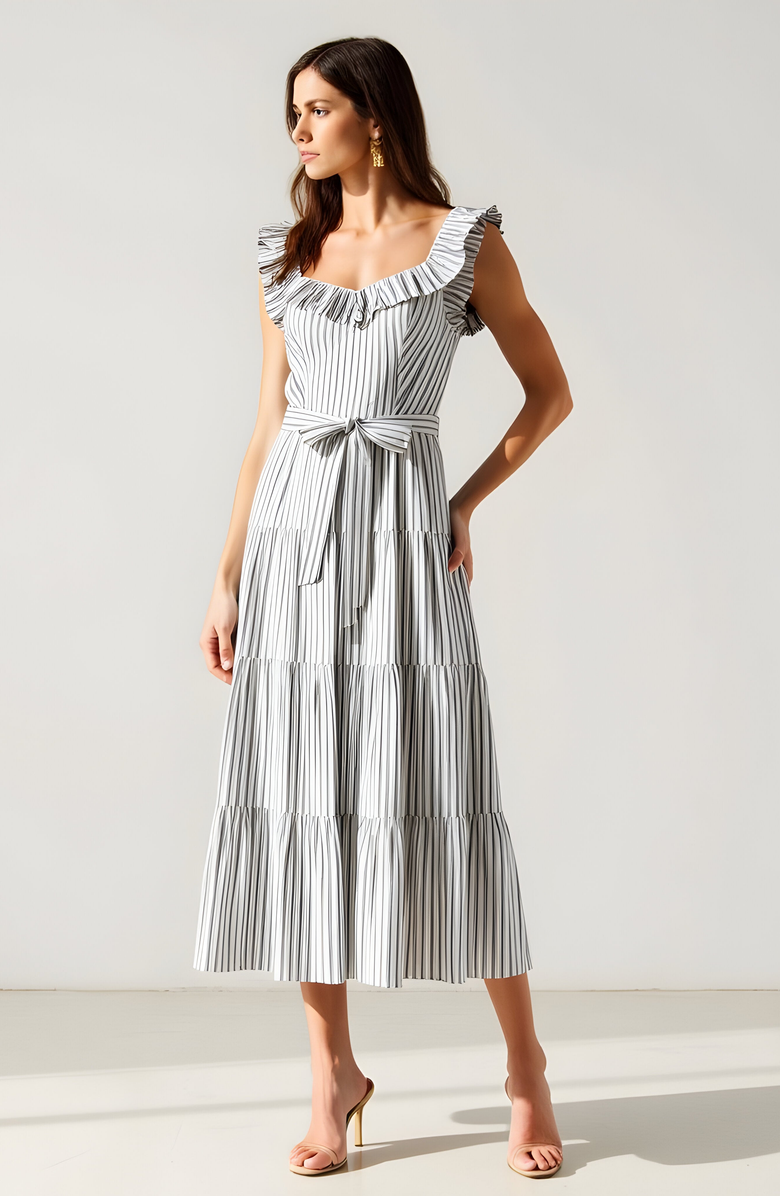 Modenaire Striped Tiered Midi Dress with Ruffle Sleeves and Front Waist Tie, Alternate, color, 