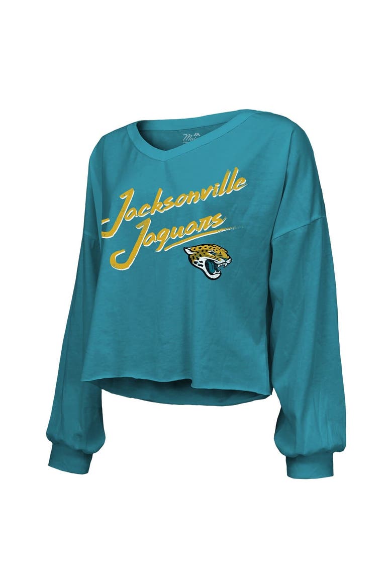 Women's Majestic Threads Travis Hunter Teal Jacksonville Jaguars 2025 NFL Draft First Round Pick Off-Shoulder Script Name & Number V-Neck T-Shirt, Alternate, color, Teal