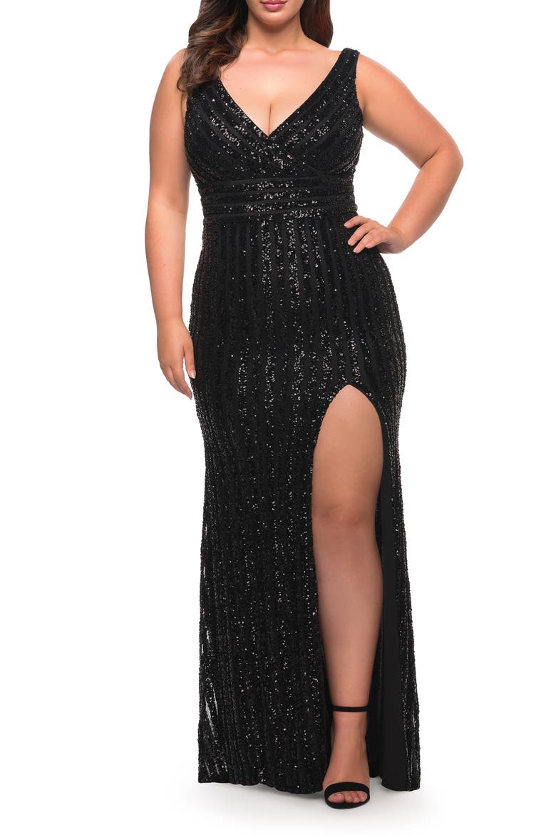 Long Sequin Plus Size Dress with Banded Waist, Alternate, color, BLACK