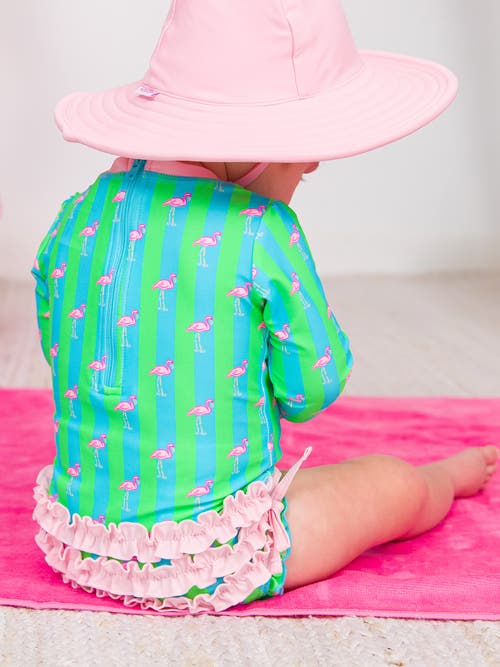Shop Rufflebutts Toddler Girls Long Sleeve Upf50+ One Piece Rash Guard In Neon Flamingo Stripe