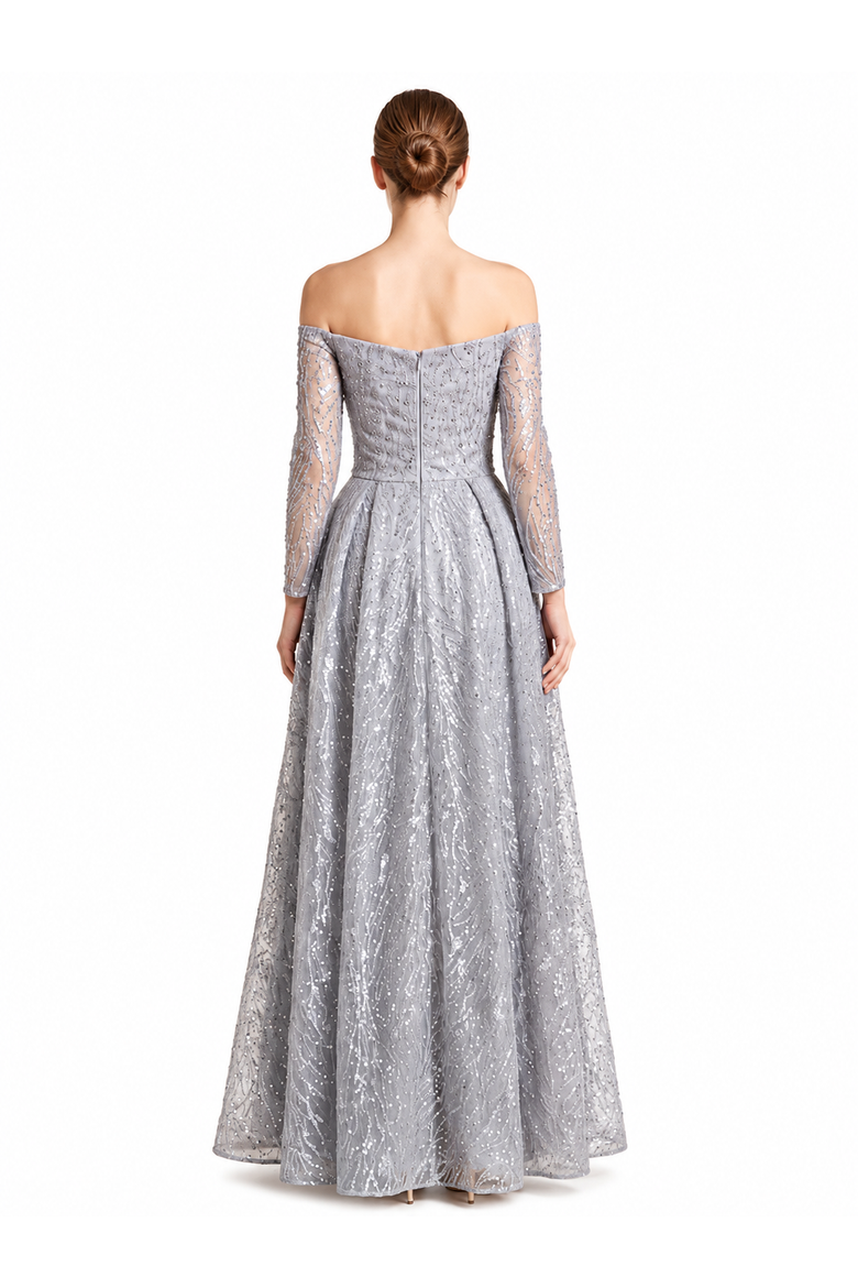 Off Shoulder Overskirt Gown, Alternate, color, Slate