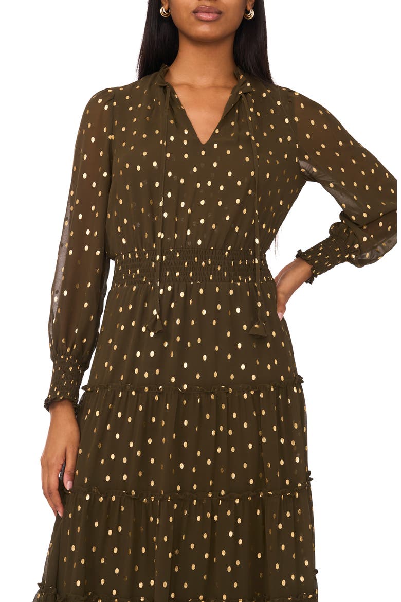 Tie Neck Long Sleeve Tiered Maxi Dress, Alternate, color, GREEN MOSS