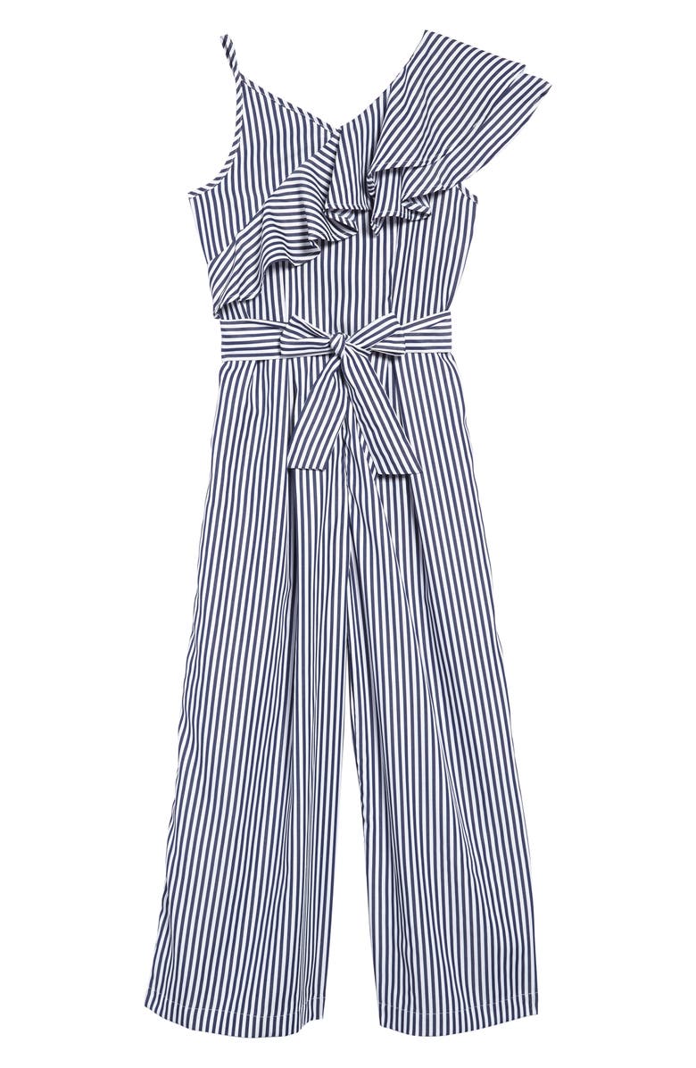 Habitual Girl Stripe Asymmetrical Ruffle Jumpsuit, Main, color,