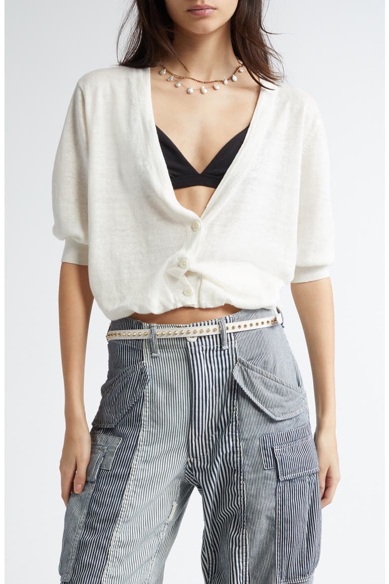 Elbow Sleeve Balloon Bubble Hem Linen Cardigan, Main, color, ECRU