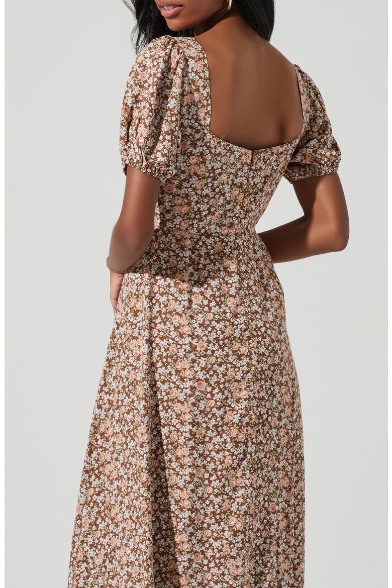Lace-Up Puff Sleeve Midi Dress, Alternate, color, BROWN FLORAL