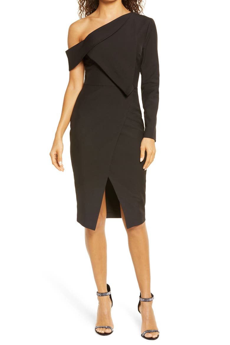 Folded Detail One Shoulder Cocktail Dress, Main, color, BLACK