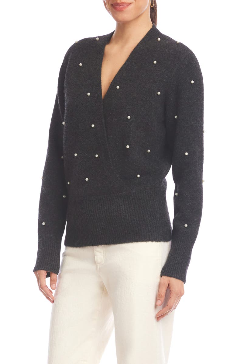 Karen Kane Faux Pearl Embellished Wrap Sweater, Alternate, color, Charcoal