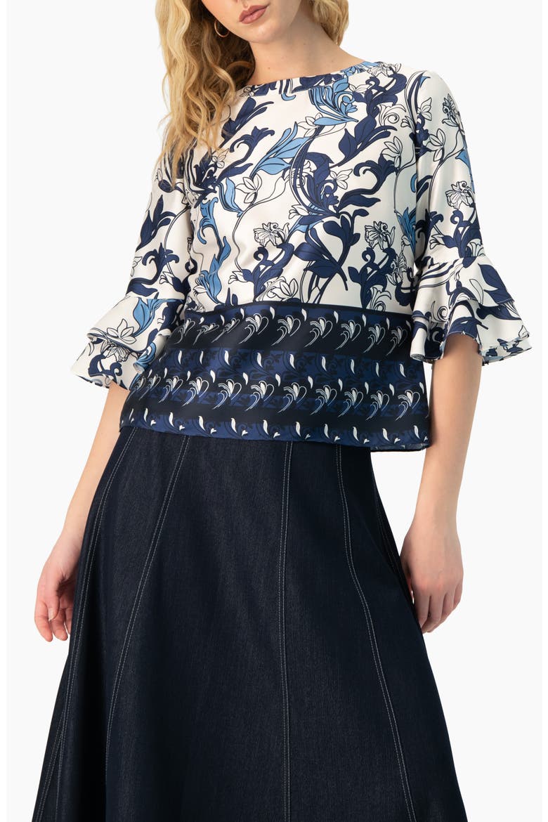 Floral Blouse with Sleeve Ruffles, Main, color, Multicolor-Blue