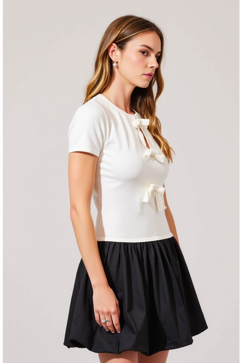 Short-Sleeve Knit and Poplin Mini Dress, Alternate, color, White / Black