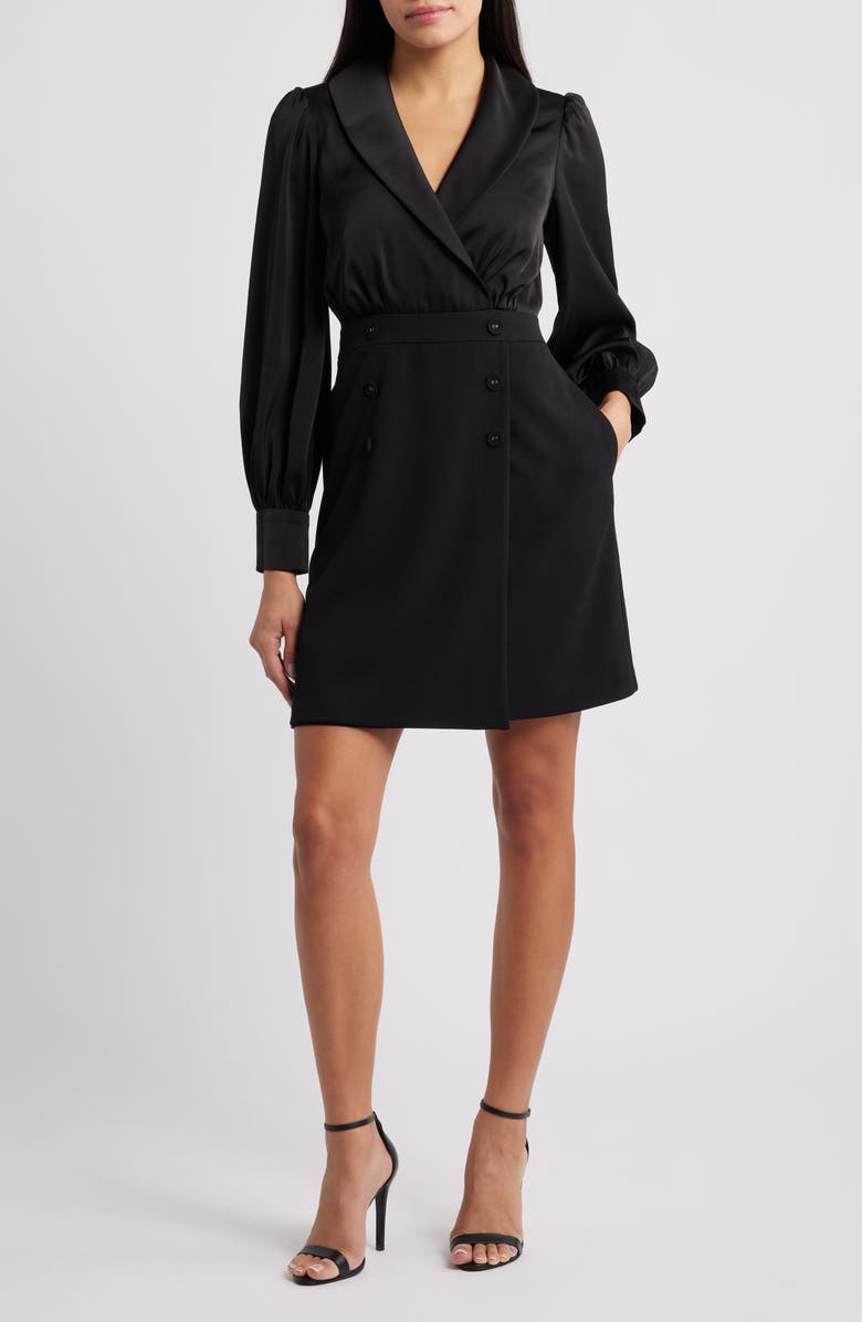 Eliza J Shawl Collar Balloon Sleeve Dress, Main, color, Black