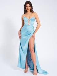Miss Circle Marilyn Satin Crystal Embellished High Slit Gown