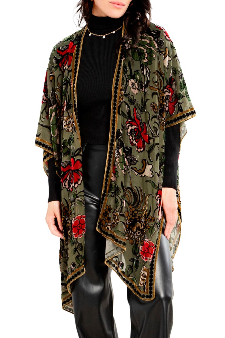 Floral Velvet Burnout Ruana, Main, color, GREEN