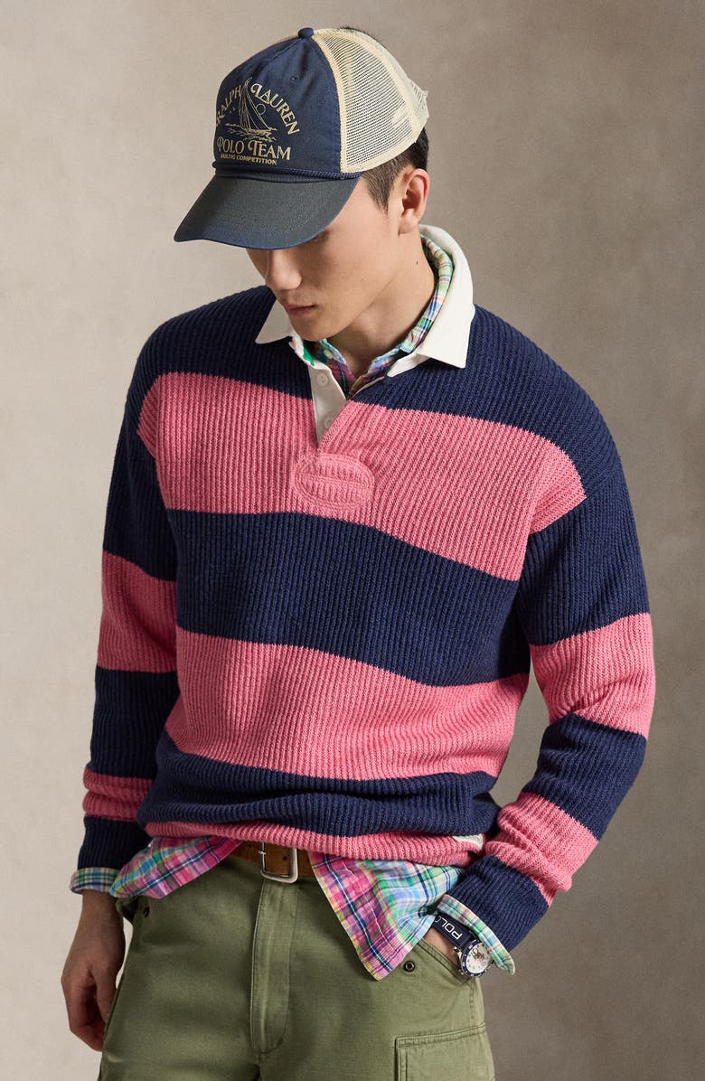 Polo Ralph Lauren Stripe Linen & Cotton Rugby Sweater, Alternate, color, Navy Pink Combo