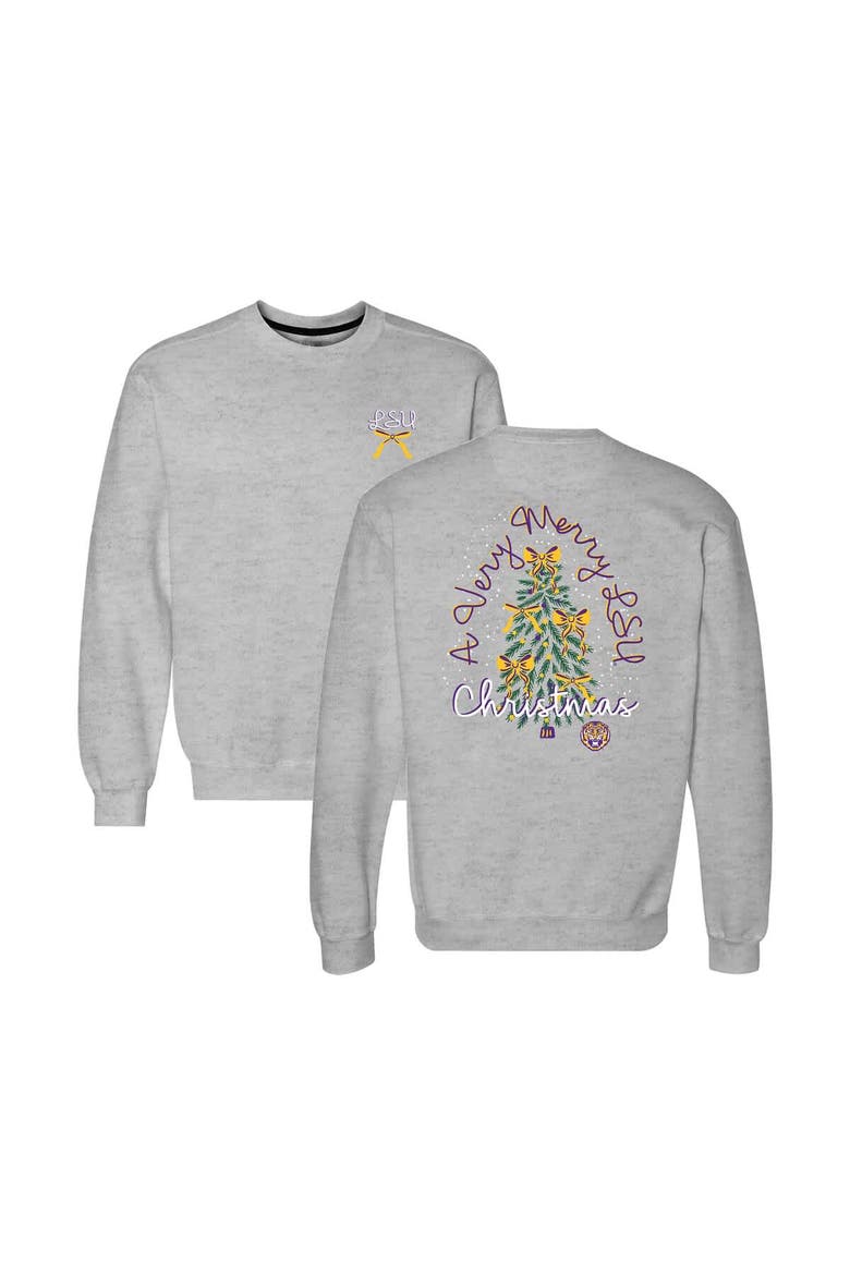 Women's  Heather Gray LSU Tigers Classic Merry Christmas Tree Crewneck Sweatshirt, Main, color, Heather Gray