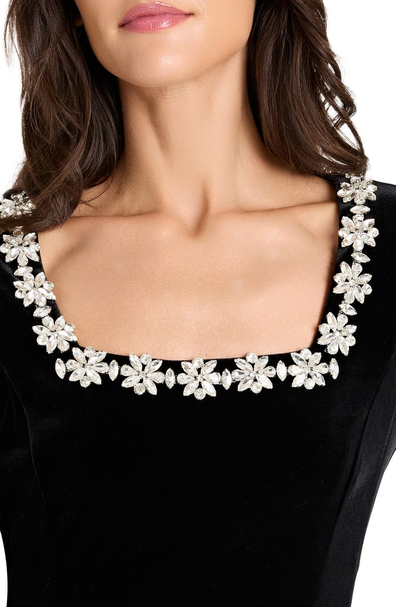 Tahari ASL Rhinestone Neck Long Sleeve Velvet Gown, Alternate, color, Black