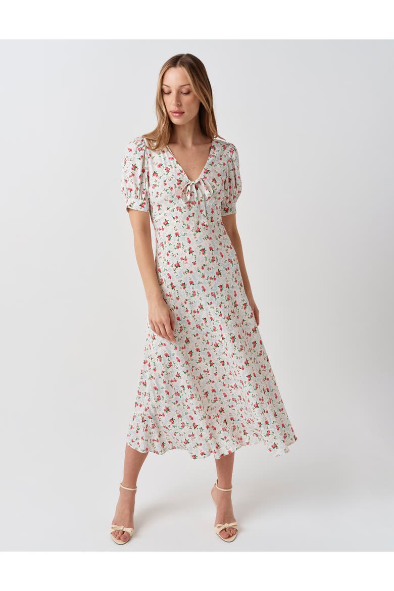 Dorothy Tie V-Neck Crepe Midi Dress, Alternate, color, Ivory Ditsy