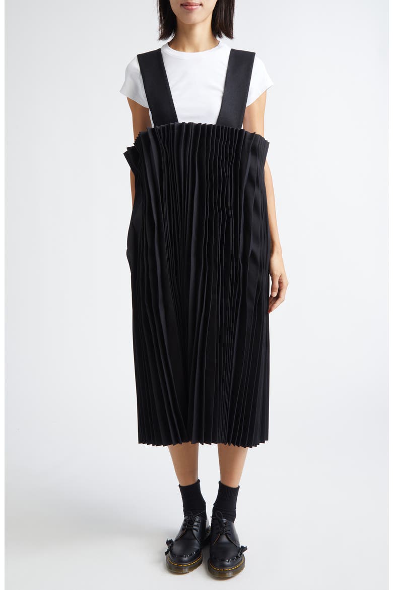Pleated Mixed Media Twill & Tricot Pinafore Dress, Main, color, BLACK X BLACK