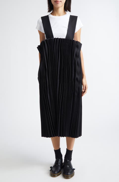 Pleated Mixed Media Twill & Tricot Pinafore Dress