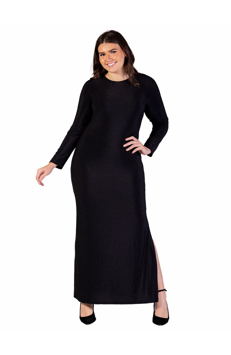 24seven Comfort Apparel Fitted Long Sleeve Shimmery Fabric Side Slit Maxi Dress, Main, color, Black