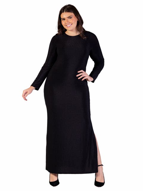 Fitted Long Sleeve Shimmery Fabric Side Slit Maxi Dress