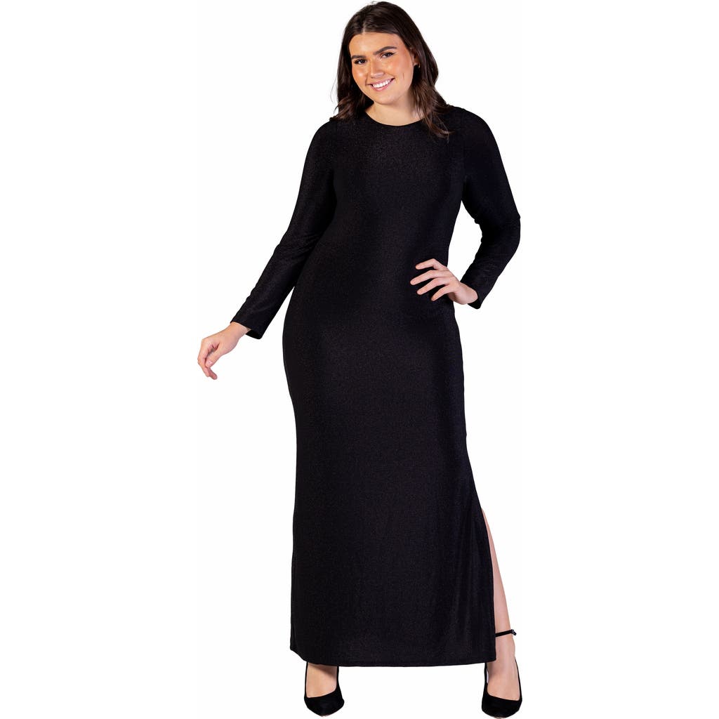 24seven Comfort Apparel Fitted Long Sleeve Shimmery Fabric Side Slit Maxi Dress In Black