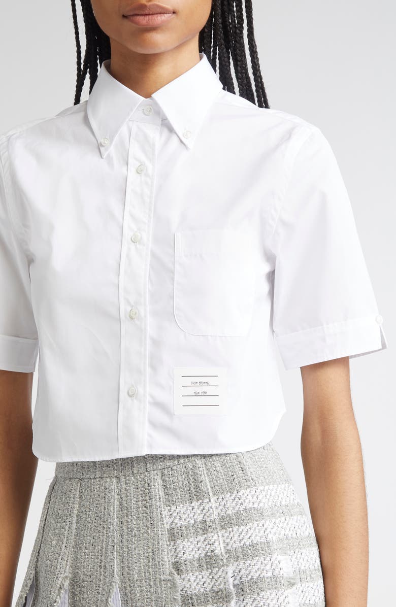 Thom Browne Classic Crop Cotton Poplin Button-Down Shirt, Alternate, color, White