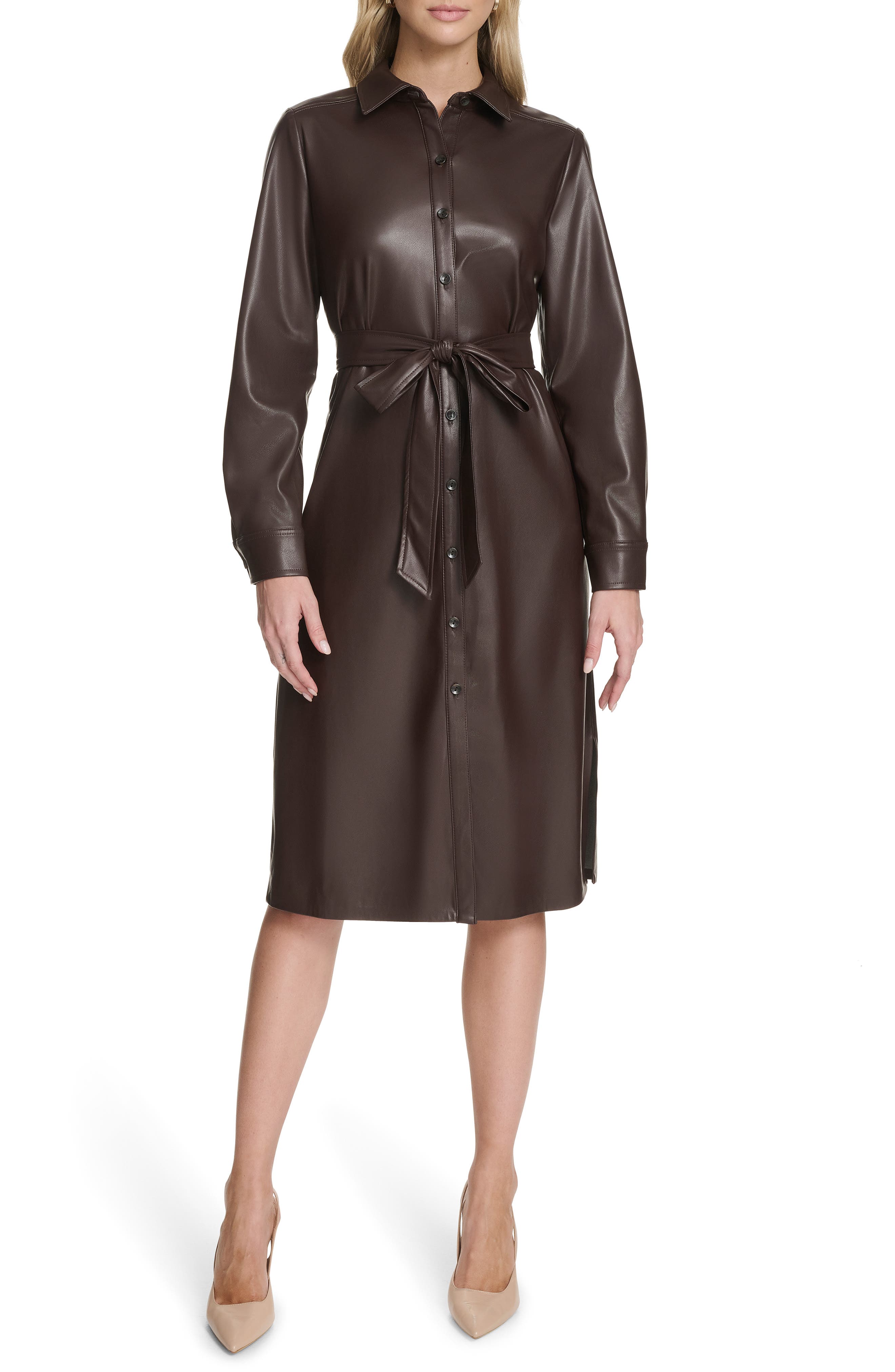 Calvin Klein Long Sleeve Faux Leather Shirtdress